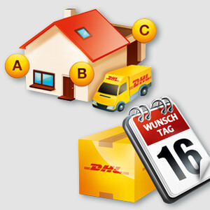 Collage aus einem DHL Wunschpaket, einem Haus und einem Lieferfahrzeug