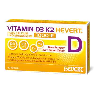 Vitamin D3 K2 Hevert + Calcium und Magnesium 1000 IE Kapseln 60 stk von Hevert-Arzneimittel GmbH & Co. KG PZN 19295653